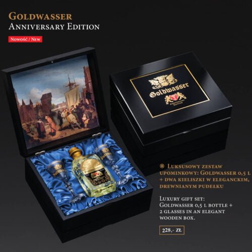 LUKSUSOWY ZESTAW UPOMINKOWY: GOLDWASSER + 2 KIELISZKI